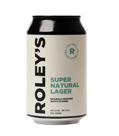 A 330ml aluminum can of Roley's Super Natural Lager on a plain white background. The can features a cream-colored label with black and green text, and a black top and bottom rim.