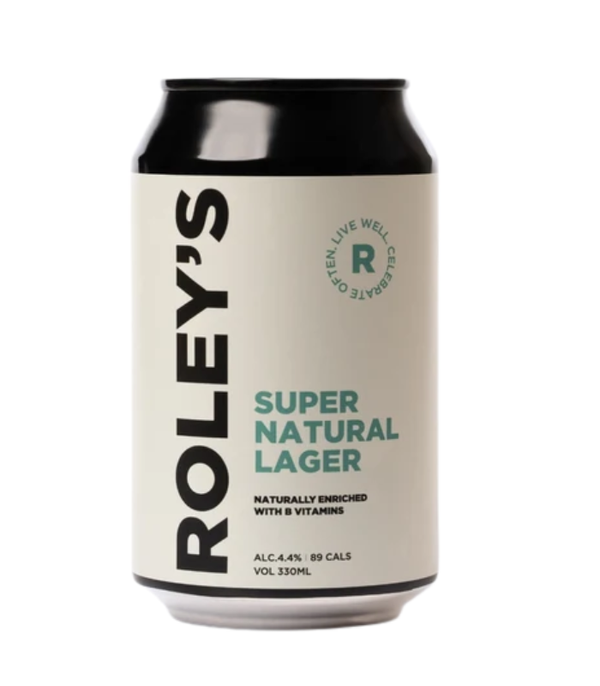 A 330ml aluminum can of Roley's Super Natural Lager on a plain white background. The can features a cream-colored label with black and green text, and a black top and bottom rim.